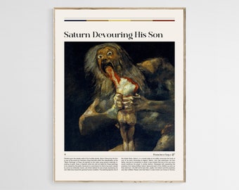 May include: A black and white print of a painting titled "Saturn Devouring His Son" by Francisco Goya. The painting depicts a dark, shadowy figure with a pale, nude figure in its grasp. The painting is a powerful and disturbing image of violence and despair.