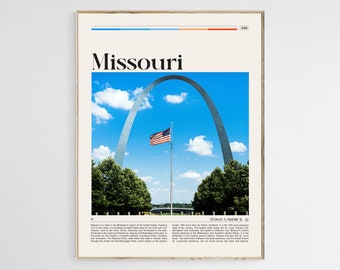 Póster de viaje de Misuri, arte mural de Misuri, póster de Misuri, foto de Misuri, impresión de Misuri, decoración de pared de Misuri, Gateway Arch, archivo digital