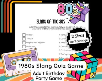 1980s Slang Trivia Game | Adult 40th Birthday Party Activity | Minimalist Black & White Ink Saving | 80s Retro Party | Digital Download