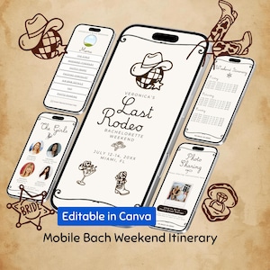 Op de afbeelding: Een digitaal mobiel ontwerp voor een vrijgezellenweekend met een rodeo-thema. Het ontwerp bevat illustraties van cowboyhoeden en -laarzen, en de tekst "Veronica's Last Rodeo Bachelorette Weekend". Het ontwerp is bewerkbaar in Canva.