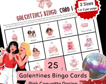 Galentines Bingo for Kids and Adults | Pink Coquette Bow Design | Valentines Icebreaker Game for Groups for Ladies Night | Instant Download