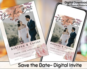 May include: A digital save the date invitation featuring a floral design in shades of pink and brown. The invitation includes a photo of a couple and the text "Save the Date" in a script font. The text "Ashlynn & Carter Are getting hitched!" is also included, along with the date and time of the wedding. The invitation is designed to be shared digitally.