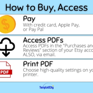May include: A blue and white graphic with the text "How to Buy, Access" in black. There are three steps: Pay with credit card, Apple Pay, or PayPal; Access PDFs in the "Purchases and Reviews" section of your Etsy account or via email; and Print PDF by choosing high-quality settings on your printer.