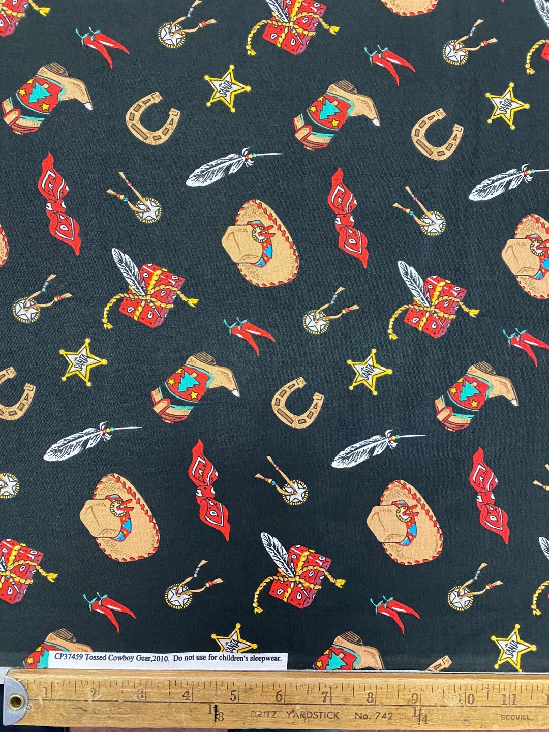 Cowboy Gear on Black Fabric 100 Cotton Hats Boots Sheriffs Badge Bandana Feathers Horseshoes Etsy