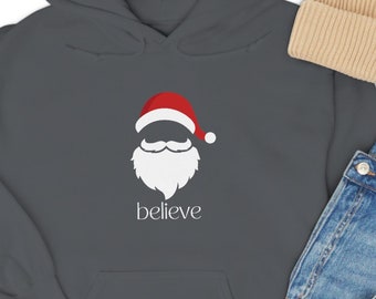 Santa Face Believe Hooded Sweatshirt. Christmas Santa Sweatshirt. Christmas Believe Sweatshirt. Christmas Santa Hoodie.