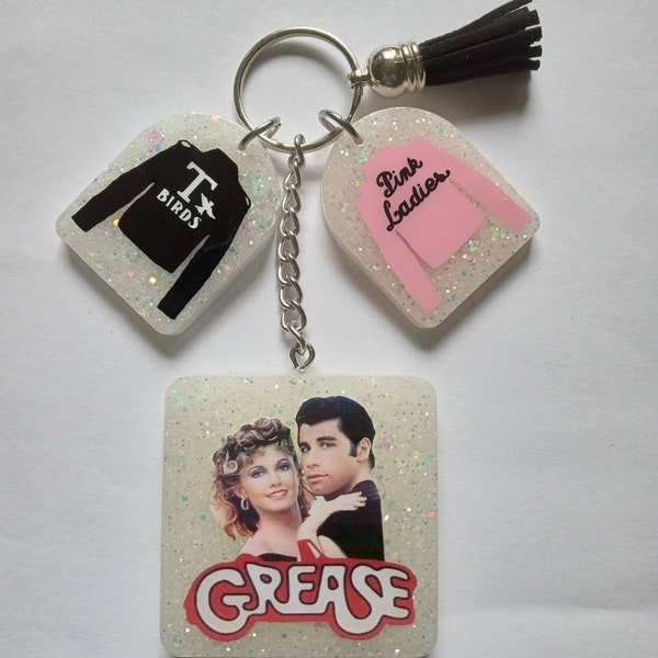 Grease movie glittery resin keychain t birds pink ladies