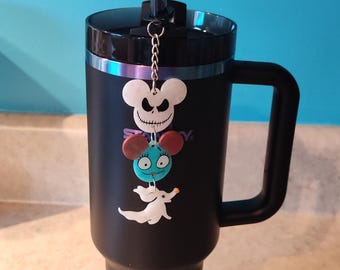 Dije de vaso con pajita de resina brillante de Jack Skellington y Sally Zero de Pesadilla antes de Navidad, accesorios para la Copa Stanley