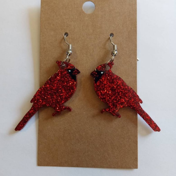 Red Cardinal bird glittery resin dangling earrings