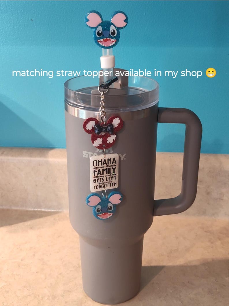 Dije de vaso con pajita de resina brillante de Lilo y Stitch de Disney, accesorios de la Copa Stanley, Ohana imagen 4