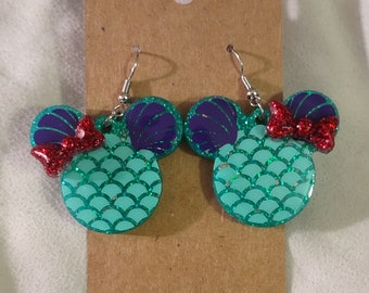 Disney Mickey head the little mermaid ariel glittery resin dangling earrings
