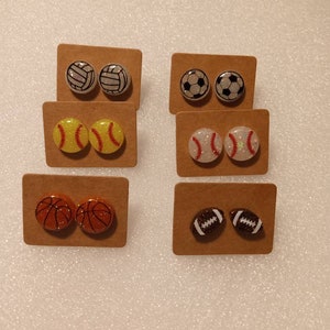1 pair of Glittery resin sports stud earrings choose sport basketball softball baseball soccer volleyball football