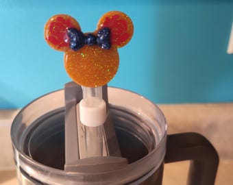 glittery resin beauty and the beast bella Mickey head straw topper straw cap cover tumbler Stanley cup accessories