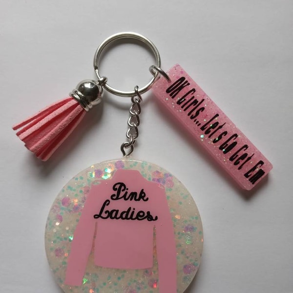 Grease movie glittery resin keychain t birds pink ladies ok girls let's go get em