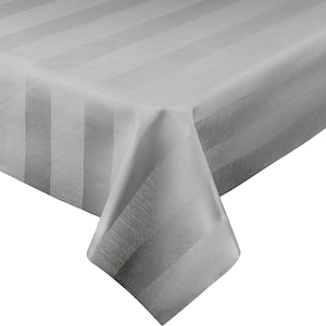 May include: A gray striped tablecloth with a smooth, silky texture. The tablecloth is rectangular and has a subtle sheen.