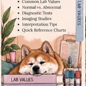 Peut inclure: Une fiche d'étude intitulée 7 Lab Values & Diagnostics montrant un chien brun reposant sur une pile de quatre livres étiquetés Lab Values, Diagnostic Tests, Imaging et Blood Work, avec un porte-tubes à essai et un presse-papiers.