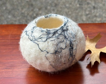 Natural White & Tan Wool Felted Vessel w/ Dark Jute Fiber Threads | Vase | Mood Light