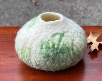 Natural White & Green Felted Wool Vessel | Vase | Mood Light