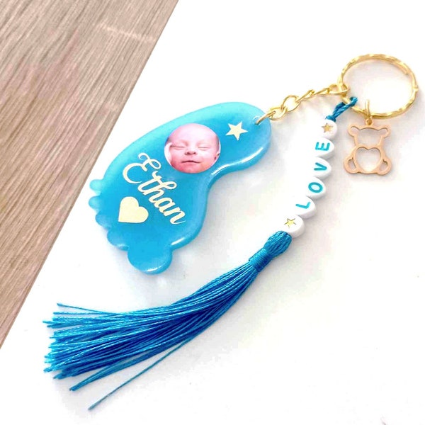 Porte-clés photo, prénom personnalisable, pied de bébé, annonce de naissance, porte clé en résine