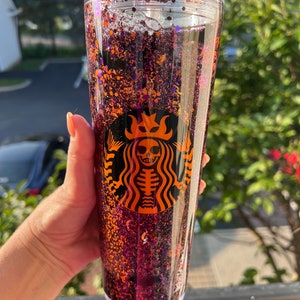 Orange Halloween Starbucks inspired snow globe tumbler