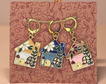 Mushroom House Stitch Markers for Crochet and Knitting Projects.