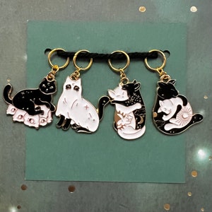 Halloween Cat Stitch Markers: Moon, Sun & Witch Cats, Set of 4
