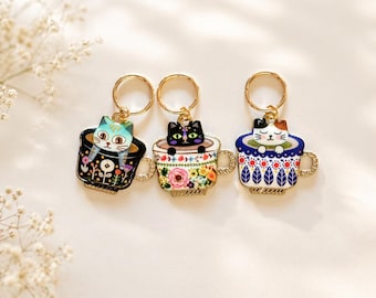 Cat-in-a-Teacup Stitch Markers • Knitting & Crochet Progress Keepers • Gift for Yarn Lovers