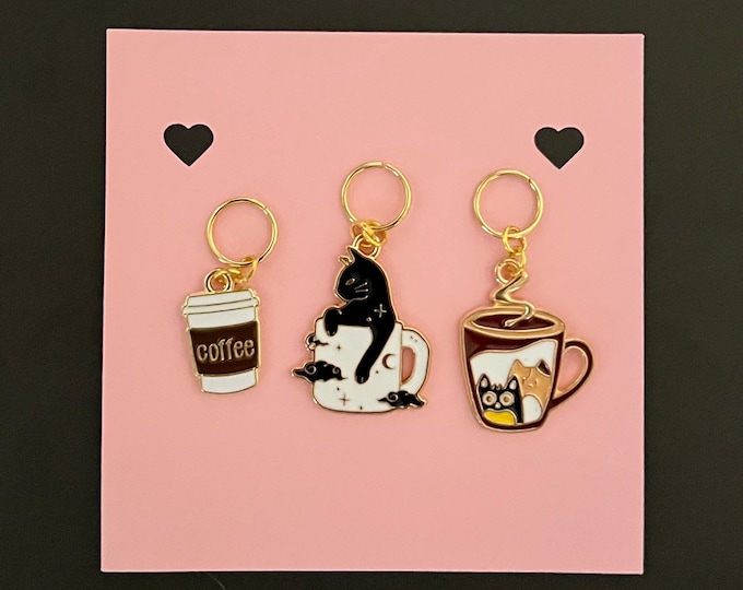 Coffee and Cats Stitch Markers for crochet and knitting