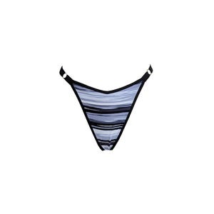 May include: Black and gray striped underwear with a black trim.