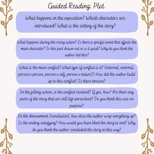 Può includere: Una guida di lettura di una storia di colore viola e bianco. La guida include domande sull'esposizione, l'azione crescente, il conflitto, l'azione calante e il  dénouement.