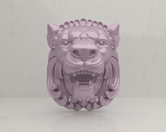 May include: A detailed, ornate lion's head sculpture with a roaring expression. The sculpture is made of a smooth, light pink material.