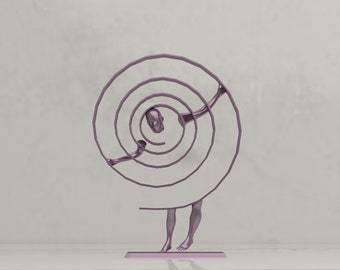 May include: A pink metal sculpture of a person trapped inside a spiral. The sculpture is standing on a rectangular base.