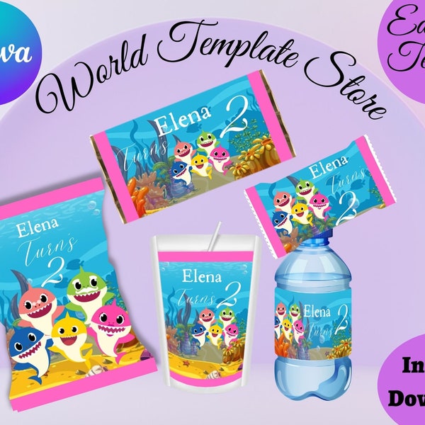 MODIFIABLE Baby Shark Party Bundle Wrapper Template, Cute Little Shark Custom Party Favors Treat Bag, Snack Cookie Packaging Printable