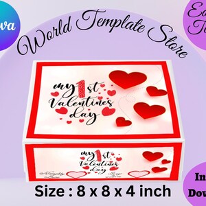 May include: A red and white gift box with a heart design and the text "my 1st Valentine's Day". The box is 8 inches by 8 inches by 4 inches.