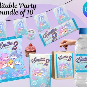 May include: A party bundle featuring a variety of items with a shark theme. Includes banners, candy wrappers, chip bags, a water bottle, and a gift bag. The items are decorated with cartoon sharks and the text "Emilia is turning 2".