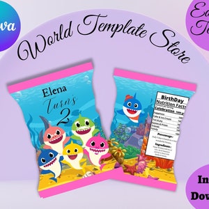 EDITIERBARE Baby Shark Chip Wrapper Vorlage. Niedlicher kleiner Hai-personalisierte Party Favors Treat Tasche. Snack Cookie Verpackung zum Ausdrucken