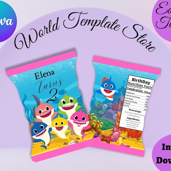 EDITABLE Baby Shark Chip Bag Wrapper Template. Cute Little Shark Personalized Party Favors Treat Bag. Snack Cookie Packaging Printable