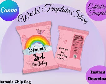 Può includere: Modello di sacchetto di patatine fritte rosa e bianco con un arcobaleno, farfalle e il testo "Sopana's 2nd Birthday".