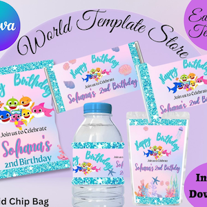 May include: Printable party favor templates featuring Baby Shark characters. The templates include a chip bag, water bottle wrapper, and a straw wrapper. The templates are decorated with blue and pink glitter, seashells, and coral. The text on the templates reads "Happy Birthday" and "Join us to Celebrate Sohana's 2nd Birthday".