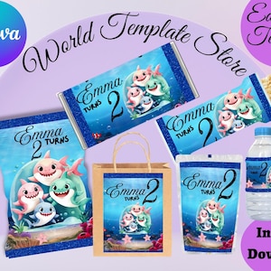 May include: A collection of party supplies featuring a shark theme, including candy bar wrappers, a chip bag, a gift bag, a juice box, and a water bottle. The design includes the text "Emma Turns 2" and cartoon sharks. The words "Canva" and "Instant Download" are also visible.