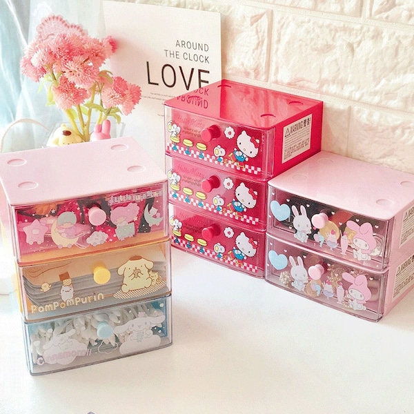 S Cute Kawaii HelloKitty/Melody/Cinnamoroll/Pompompurin/Kuromi/Twin Stars Stackable Organizer Drawer Accessories Jewelry Holder Box Case Bin