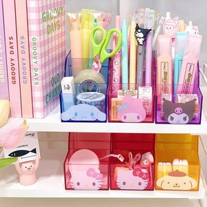 Cute Kitty/Melody/Kuromi/Cinnamoroll/Pompompurin 3-Compartments Stationary Organizer Pen Remote Makeup Brushes Holder Storage School Office