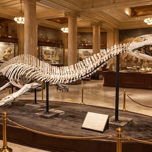 Puede incluir: Un gran esqueleto fosilizado de color blanco hueso de un reptil marino prehistórico, probablemente un plesiosaurio, expuesto en una sala de museo. El esqueleto presenta un cuello largo y curvado, una caja torácica ancha, cuatro extremidades en forma de aleta y una cola larga y puntiaguda.