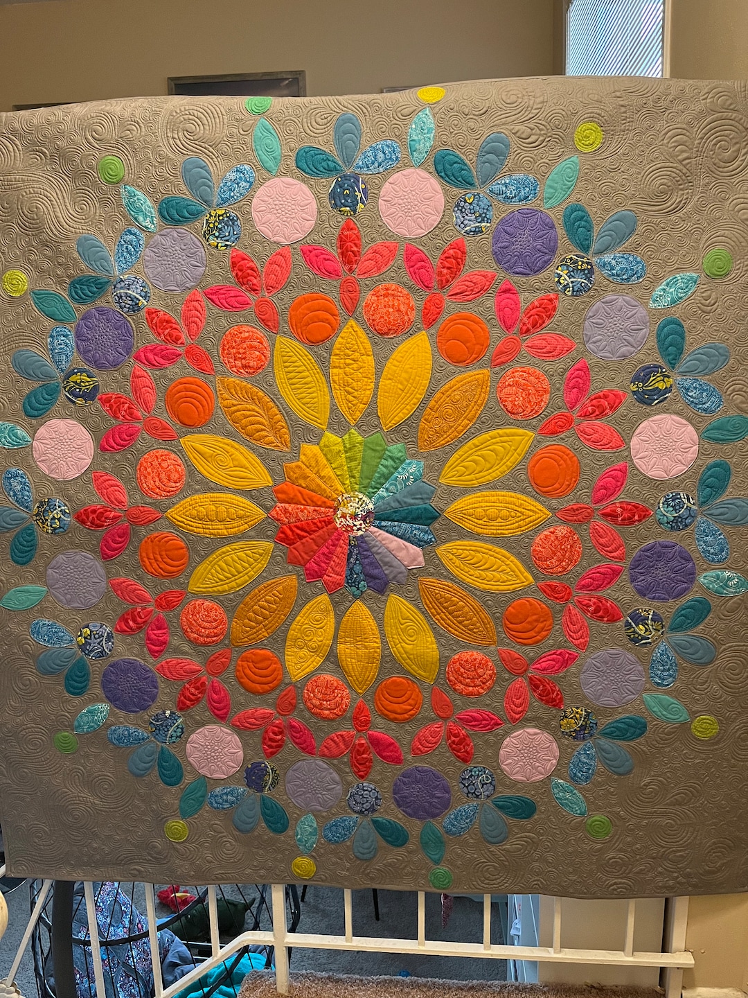Rainbow Appliqué Mandala Quilt, Custom Quilted, Textile Art ...