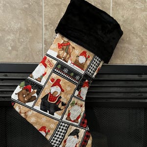 Quilted Christmas Stocking, Timber Gnomes Print, Black Minky Cuff