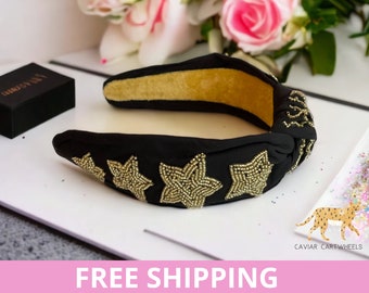 Black and Gold Stars Seed Bead Headband