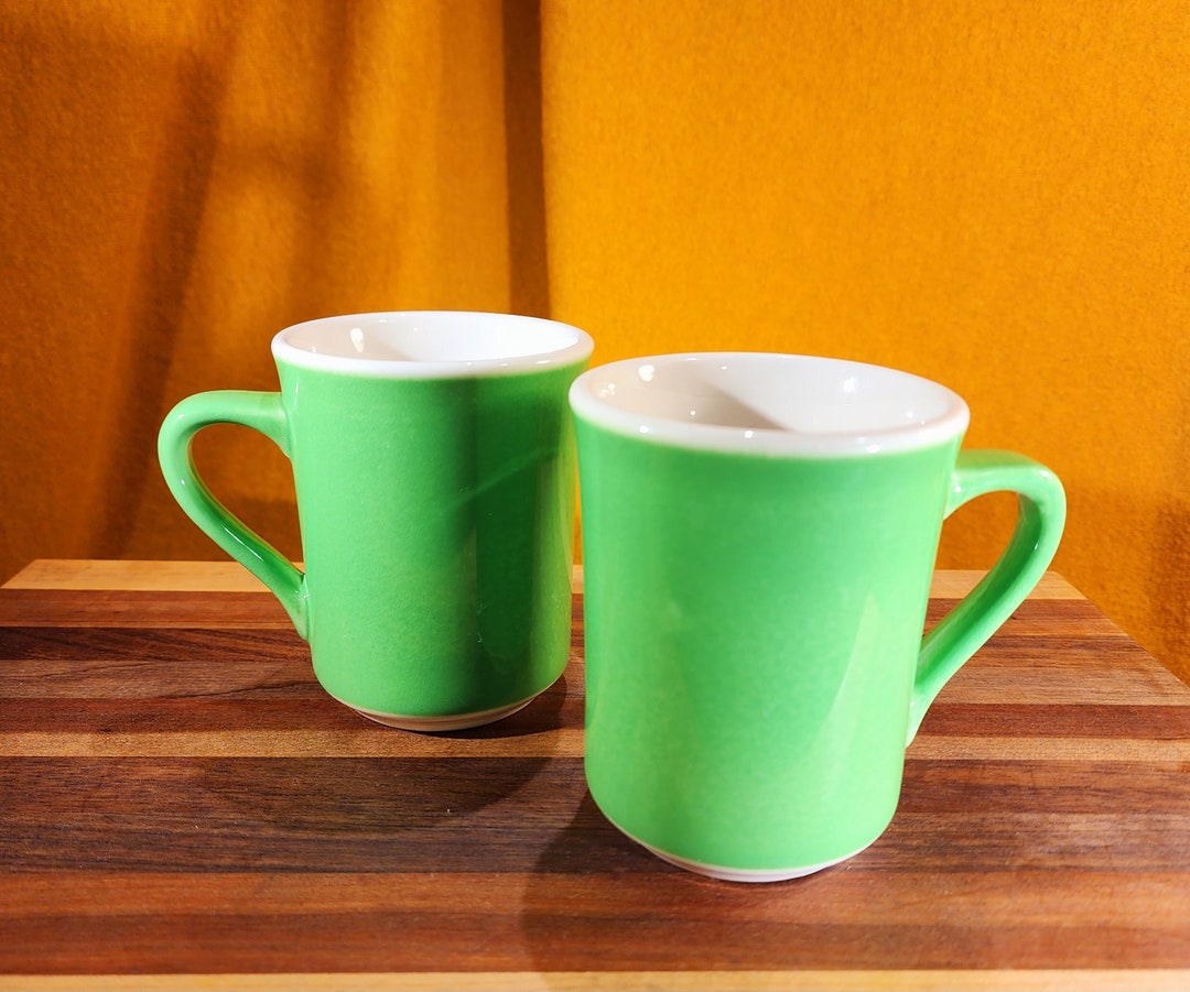 1960s Syracuse China Co Lime Green Ceramic Coffee Mug Set 2 Matching