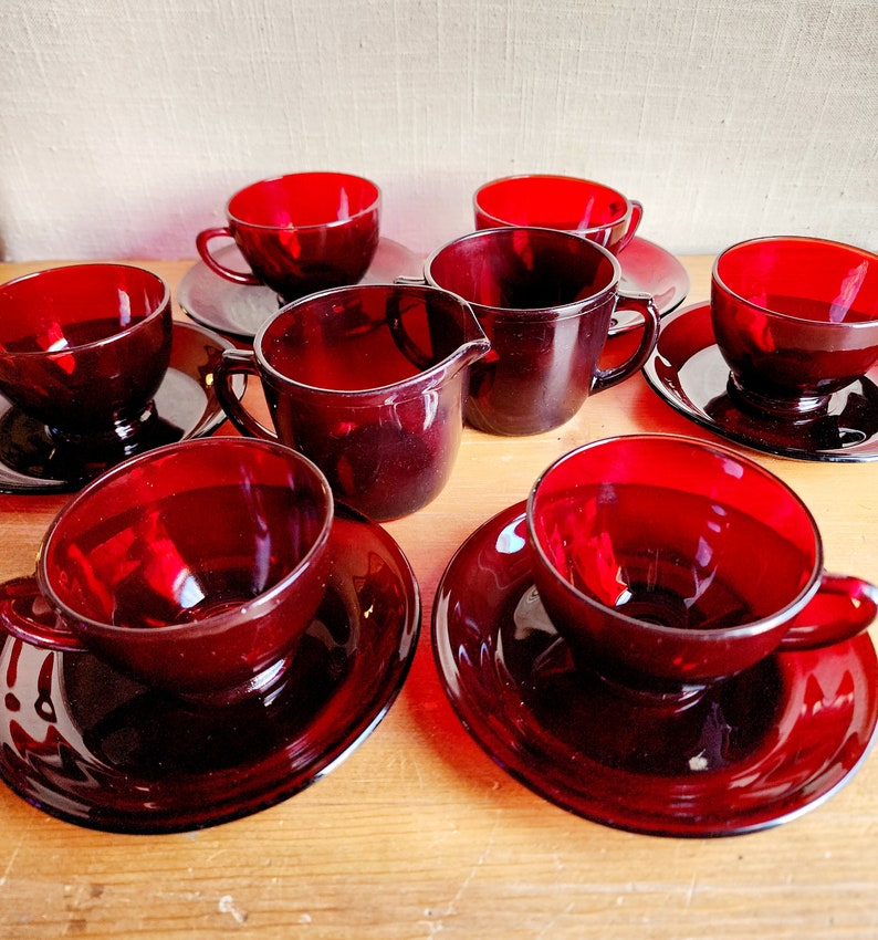1940s Ruby Red Depression Glass Coffee Tea Service Set 6 Red Etsy