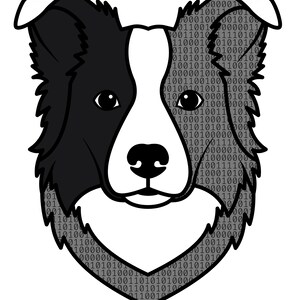 May include: A graphic illustration of a dog head with black and white fur, featuring a binary code pattern of zeros and ones overlaid on the dark fur sections. The text Coding Companions is printed at the bottom with binary code icons.