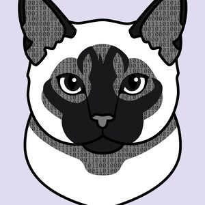 Puede incluir: Una ilustraci&oacute;n gr&aacute;fica estilizada de una cabeza de gato siam&eacute;s con m&aacute;scara y orejas negras, y una cara de color crema claro rellena con un patr&oacute;n binario repetitivo de ceros y unos. El texto Coding Companions aparece en la parte inferior.
