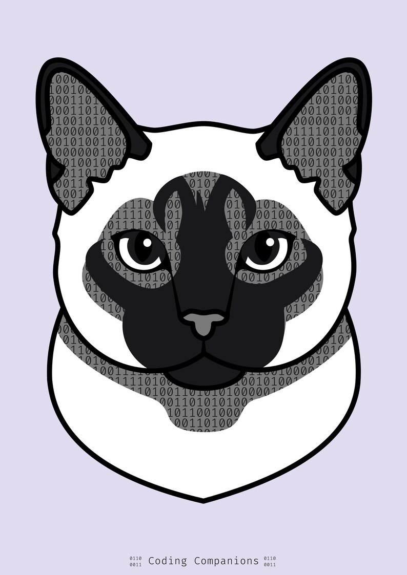Puede incluir: Una ilustraci&oacute;n gr&aacute;fica estilizada de una cabeza de gato siam&eacute;s con m&aacute;scara y orejas negras, y una cara de color crema claro rellena con un patr&oacute;n binario repetitivo de ceros y unos. El texto Coding Companions aparece en la parte inferior.
